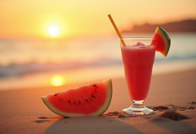 Watermelon Smoothie on Beach Sunset