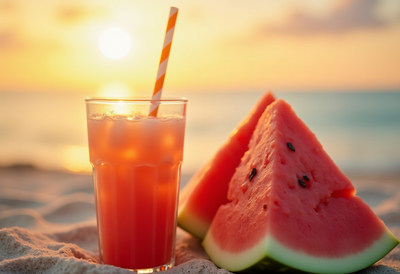 Watermelon Drink on Beach at Sunset
