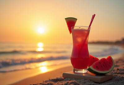 Watermelon Cocktail on Beach Sunset