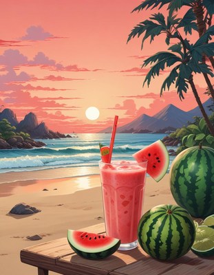 Watermelon Smoothie on Tropical Beach
