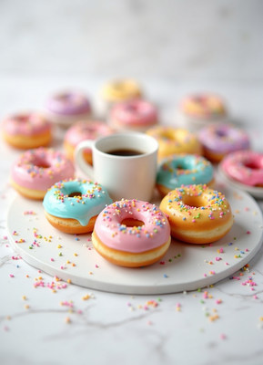 Colorful Sprinkled Donuts with Coffee