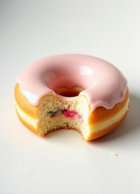 Pink frosted donut with bite