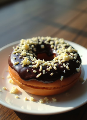 Chocolate donut with sprinkles on plate