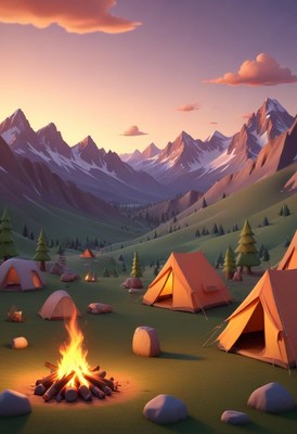Campfire and Tents in Mountain Valley