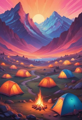 Camping Tents in Sunset Mountains