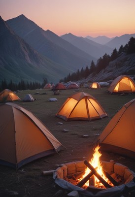 Campfire and tents in mountain sunset