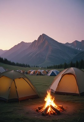 Campfire and tents in mountain sunset
