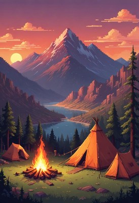 Campfire and Tent in Sunset Mountains