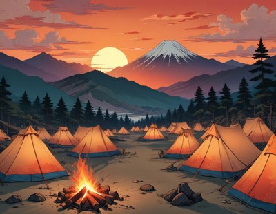 Camping tents by campfire at Mount Fuji sunset