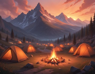 Camping Tents Around Campfire in Mountains