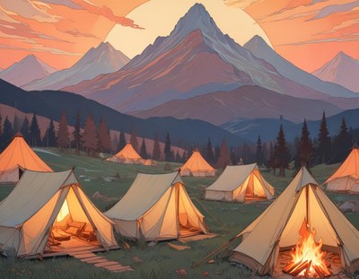 Camping Tents Campfire Sunset Mountains