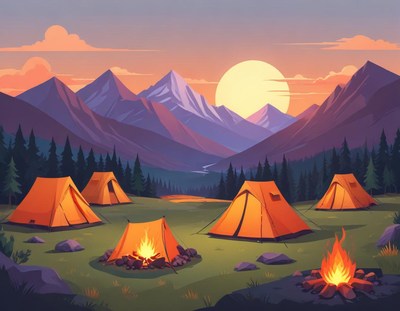 Camping Tents Campfire Sunset Mountains
