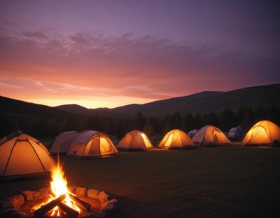 Campfire and tents at sunset