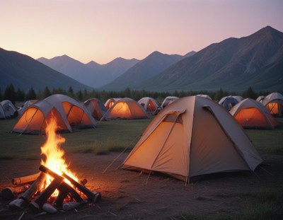 Campfire with tents in mountains