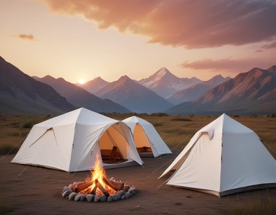White tents and campfire in mountains