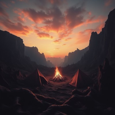 Campfire Between Tents in Sunset Canyon