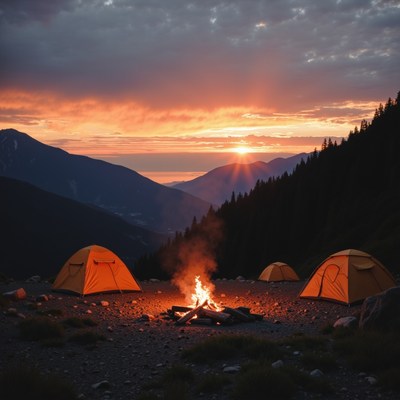 Campfire and tents at mountain sunset