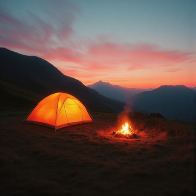 Orange tent and campfire at mountain sunset