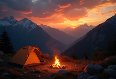 Orange tent by campfire at sunset mountains