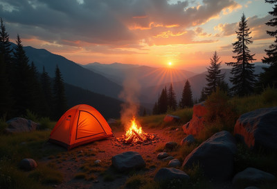 Orange tent and campfire at sunset mountains