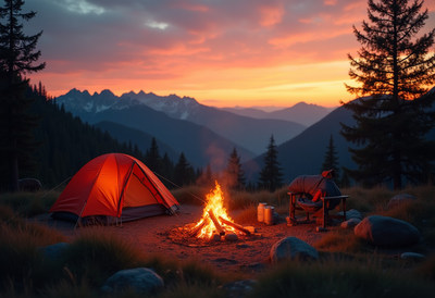 Campfire and tent at sunset mountains