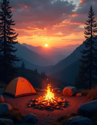 Campfire Tent at Sunset Mountains