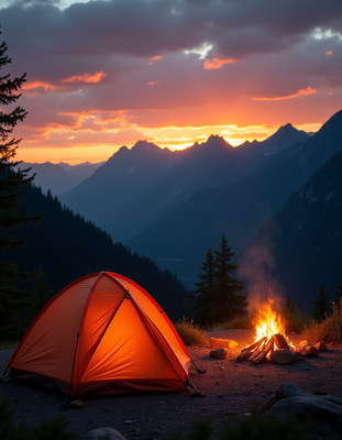 Orange tent by campfire at sunset mountains