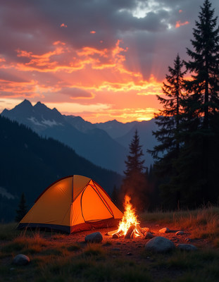 Orange tent and campfire at sunset mountains