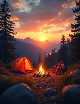 Couple camping by campfire at sunset