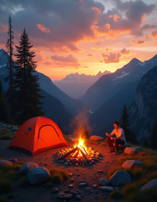 Man camping by campfire at sunset mountains