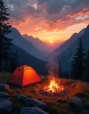 Orange tent by campfire at mountain sunset