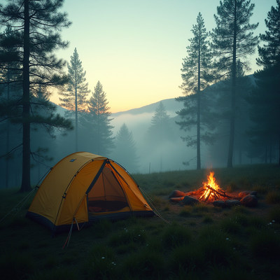 Orange tent and campfire in misty forest