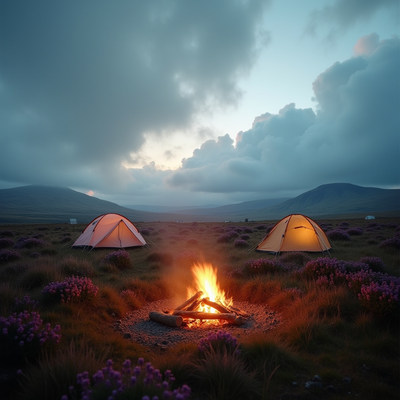 Campfire Between Tents in Mountains