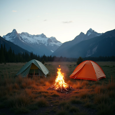 Campfire between green and orange tents in mountains