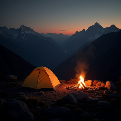 Orange tent and campfire in mountains