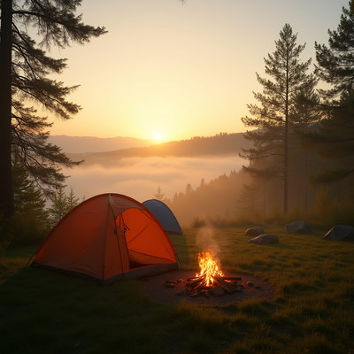 Campfire and Tents at Sunset