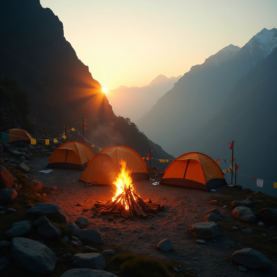 Campfire and orange tents in mountains at sunset