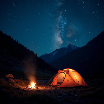 Orange tent campfire Milky Way mountains