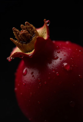 Closeup of dewy red pomegranate