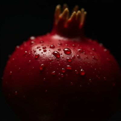 Dew-covered red pomegranate