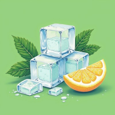 Ice cubes with orange and mint