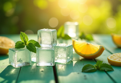Refreshing ice cubes and lemon slices on a sunny table
