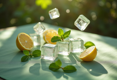 Fresh lemon slices and ice cubes displayed in sunlight