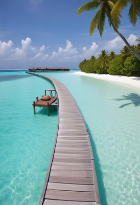 Wooden walkway to a tranquil tropical beach