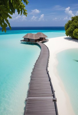 Scenic beachfront walkway leads to a cozy hut in paradise