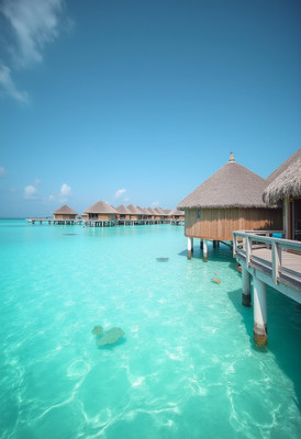 Beautiful overwater bungalows in crystal clear ocean