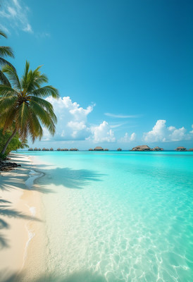 Serene beach with clear turquoise waters and palm trees
