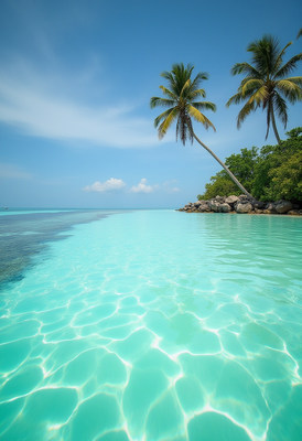 Tropical beach with clear turquoise water and palm trees