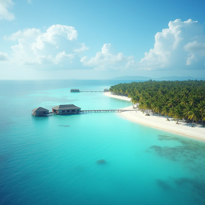 Tropical island with bungalows and turquoise waters