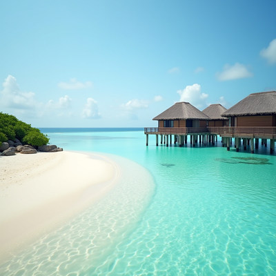 Tranquil beach with overwater bungalows on a sunny day